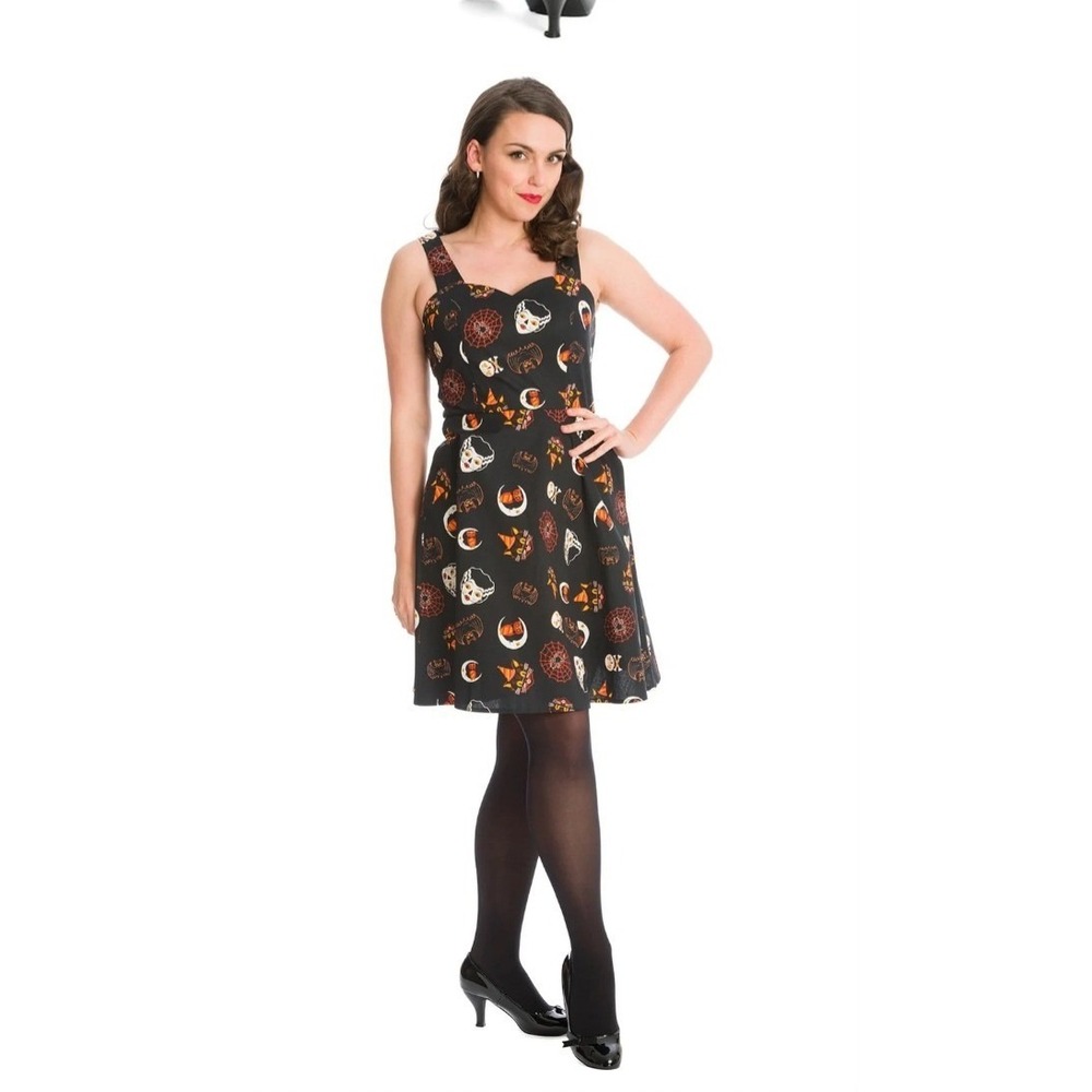 Banned Retro Salem Halloween Print‎ Swing Dress Black Orange Bat Owl Spiderweb M